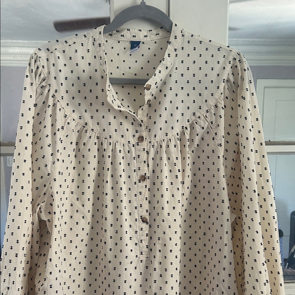 Old Navy Cream Blouse with Black Square Pattern